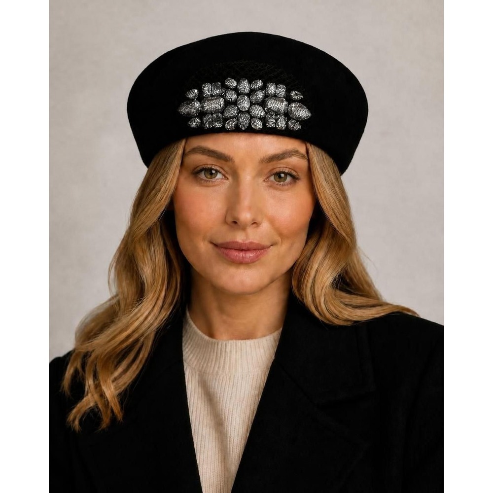 100% Wool Black Beret Hat w/Large Silver Rhinestone Jewel Embellishment